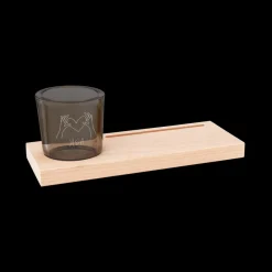 Houten kaarthouder met glazen theelicht gravure