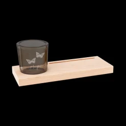Houten kaarthouder met glazen theelicht gravure